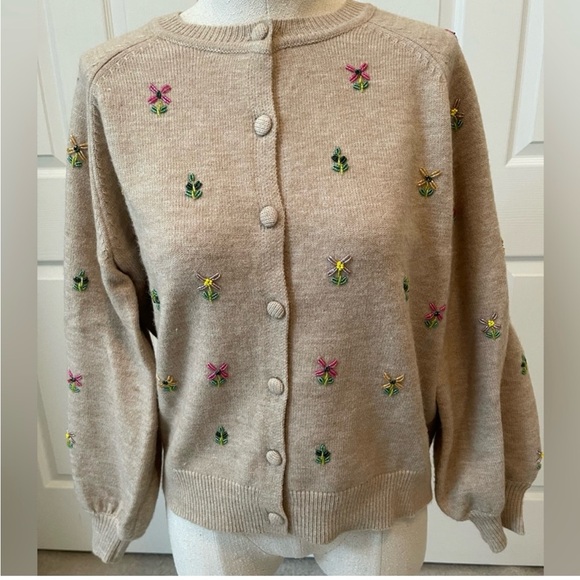 NOT FOR SALE Tuckernuck Multi Floral Embellishment Elsie Cardigan in Tan - Picture 4 of 11